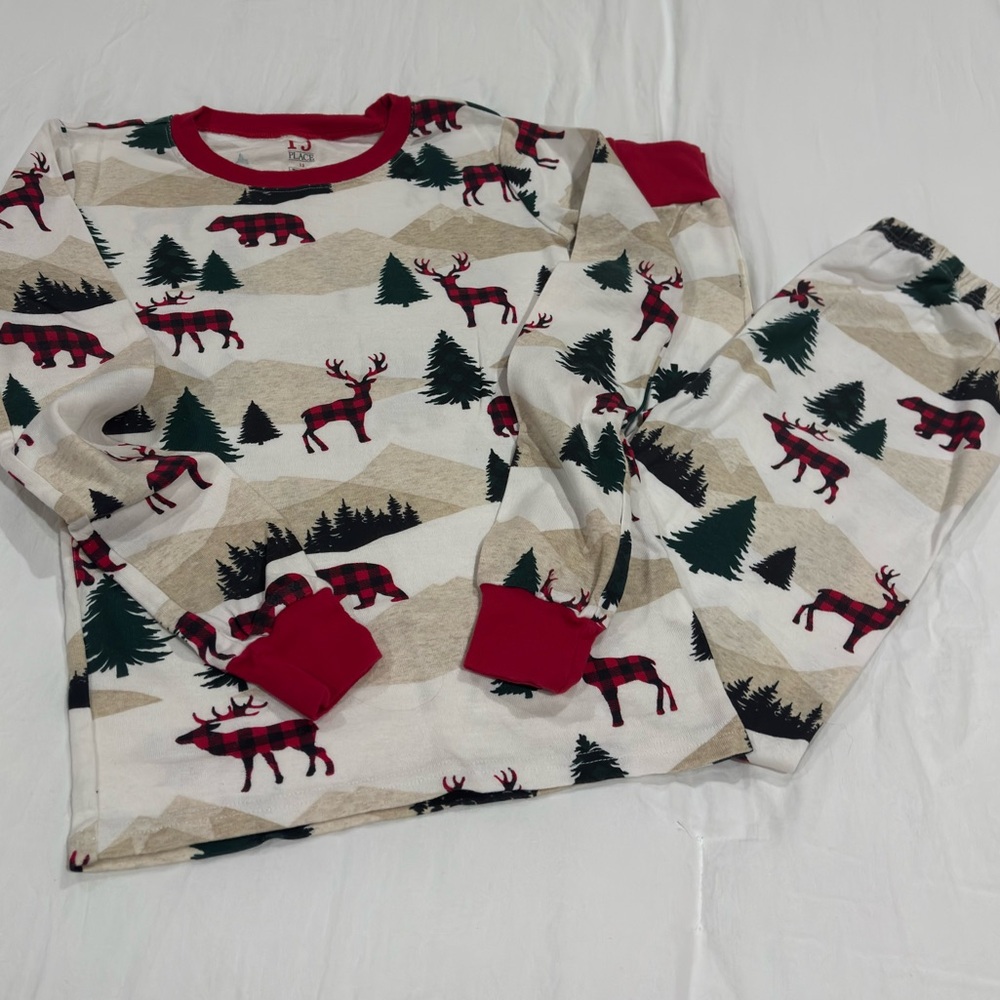 Children’s Place Kids Pajama Set with Reindeer and Trees - Red and Green